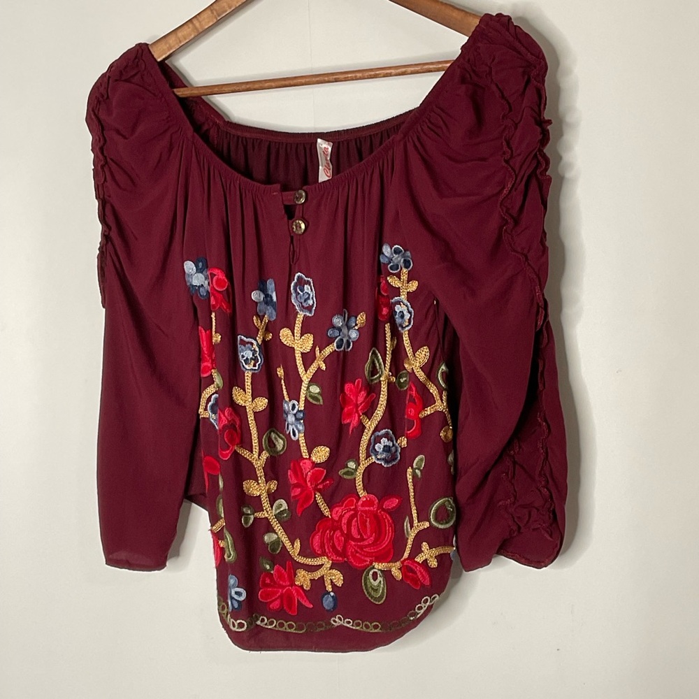 Clarita Floral Embroidered Burgundy Square Neck Gathered Long Sleeve Top No Size - Picture 4 of 14